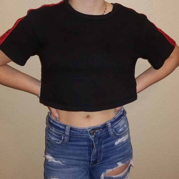 Forever 21 crop top. Black with red on sleeves. SM - Picture 1 of 3